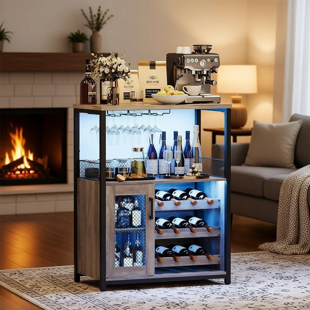 Home Bar And Cabinet - Industrial-Style LED-Lit Wine Cabinet with Removable