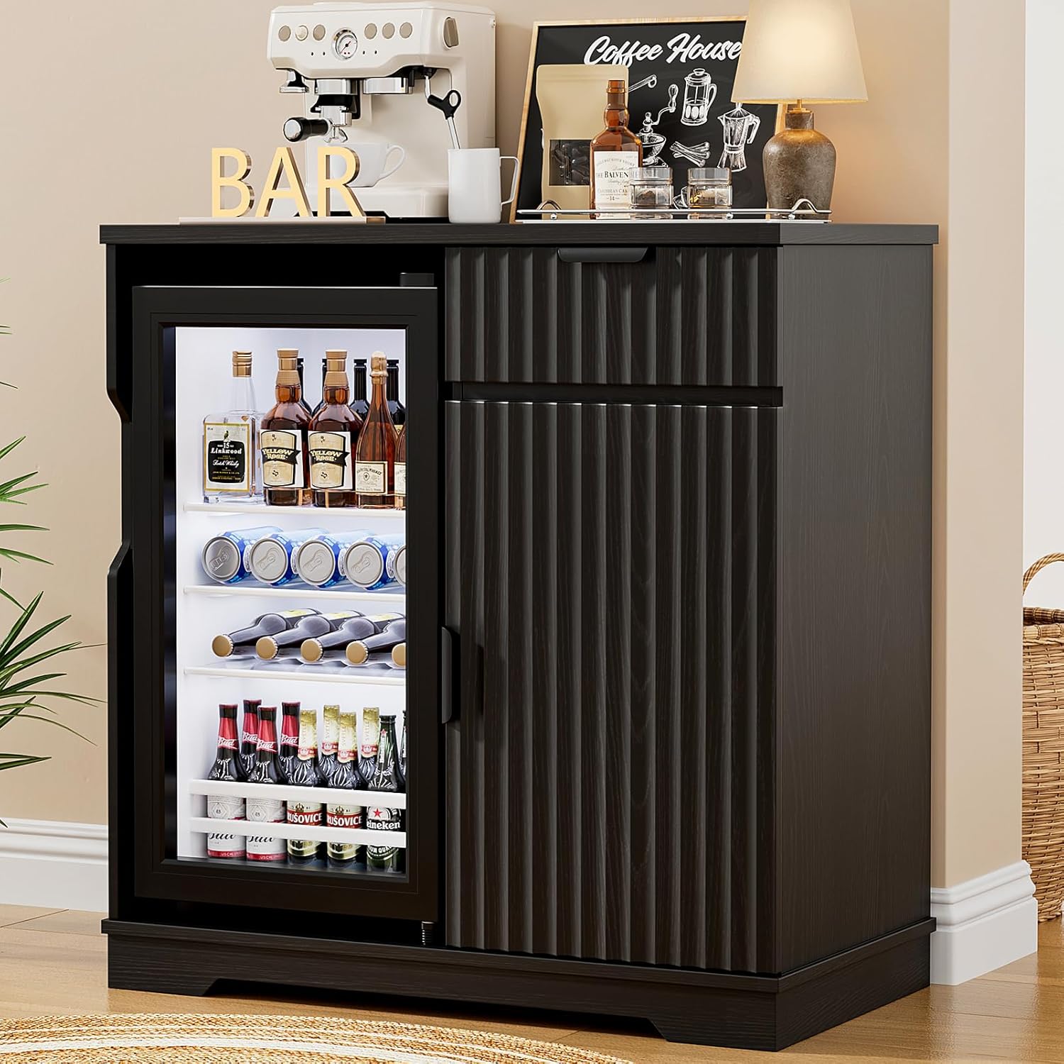 Home Bar And Cabinet - Fluted Coffee Bar Cabinet with Mini