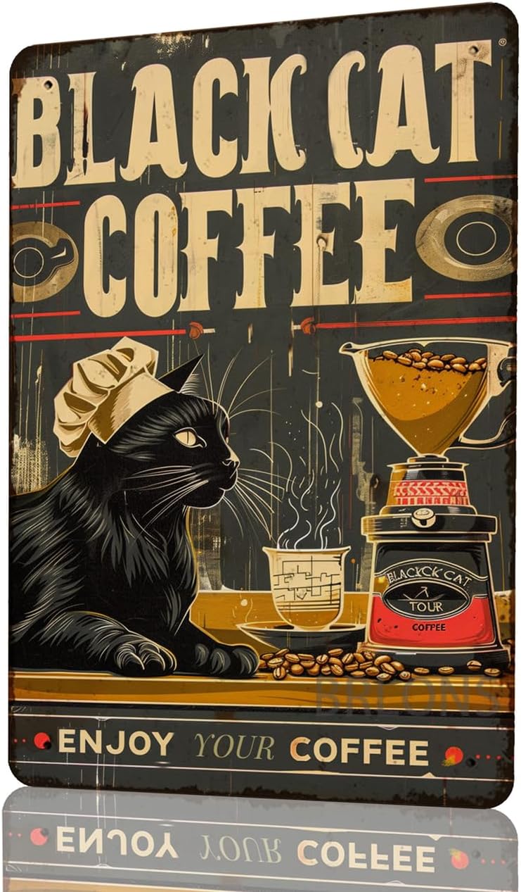 Home Bar And Coffee - Metal Tin Sign Black Cat Coffee
