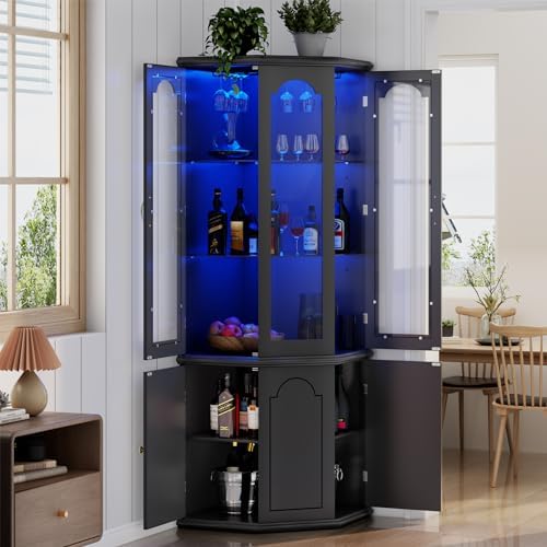Home Bar And Cabinet - Corner Bar Cabinet w/LED Lights, Tall